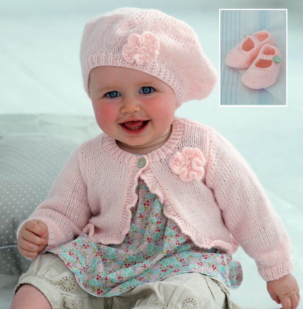 Baby Girls Cardigan Round Neck Frill Edge, Beret, Flower & Shoes Mary Janes 16