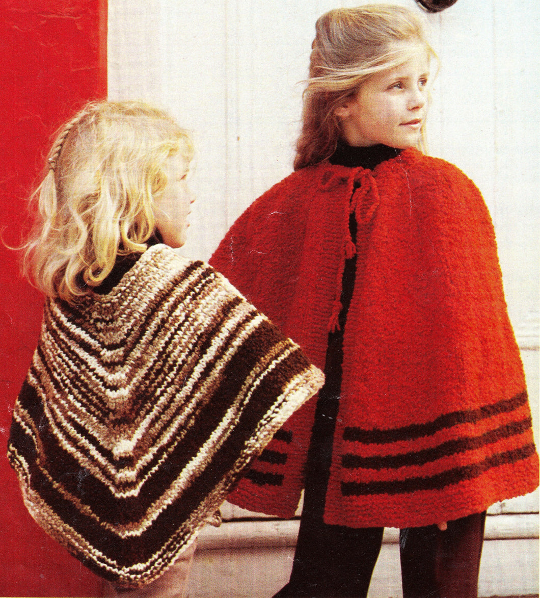Girl's Easy Vintage Poncho & Striped Cape Pattern Knitted in Chunky Bulky 12 ply  wool-  3- 5 Years. Knitting Pattern Download PDF