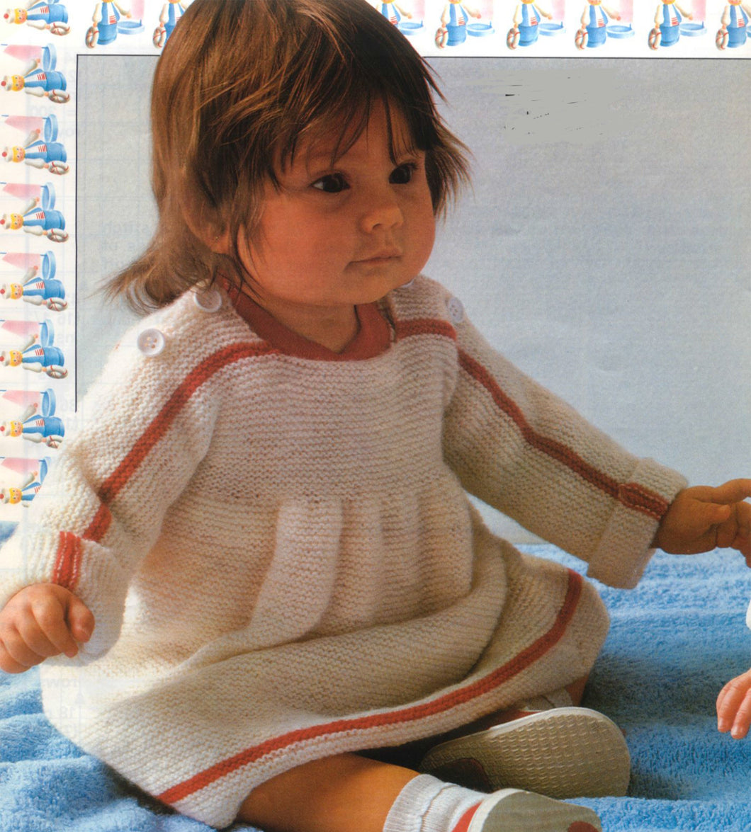 Girl-Toddler Long sleeved Easy Garter Stitch dress Shoulder Fastening 4 ply Fingering Yarn Fits from 18-20