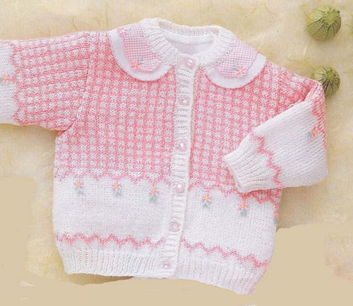 Baby Girl Cardigan check design & embroidered flowers Knitted in 4 ply Fingering and fits 54cm-70cm or 3-24 months Knitting pattern download