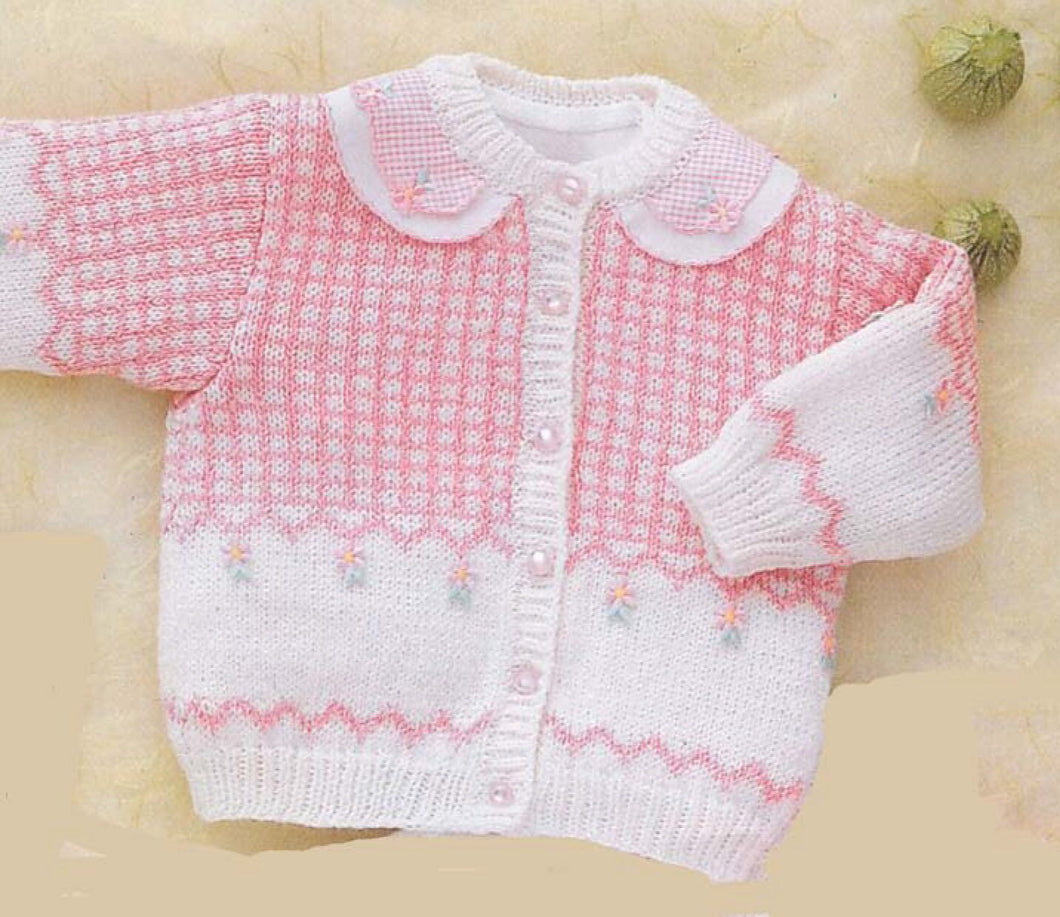 Baby Girl Cardigan check design & embroidered flowers Knitted in 4 ply Fingering and fits 54cm-70cm or 3-24 months Knitting pattern download