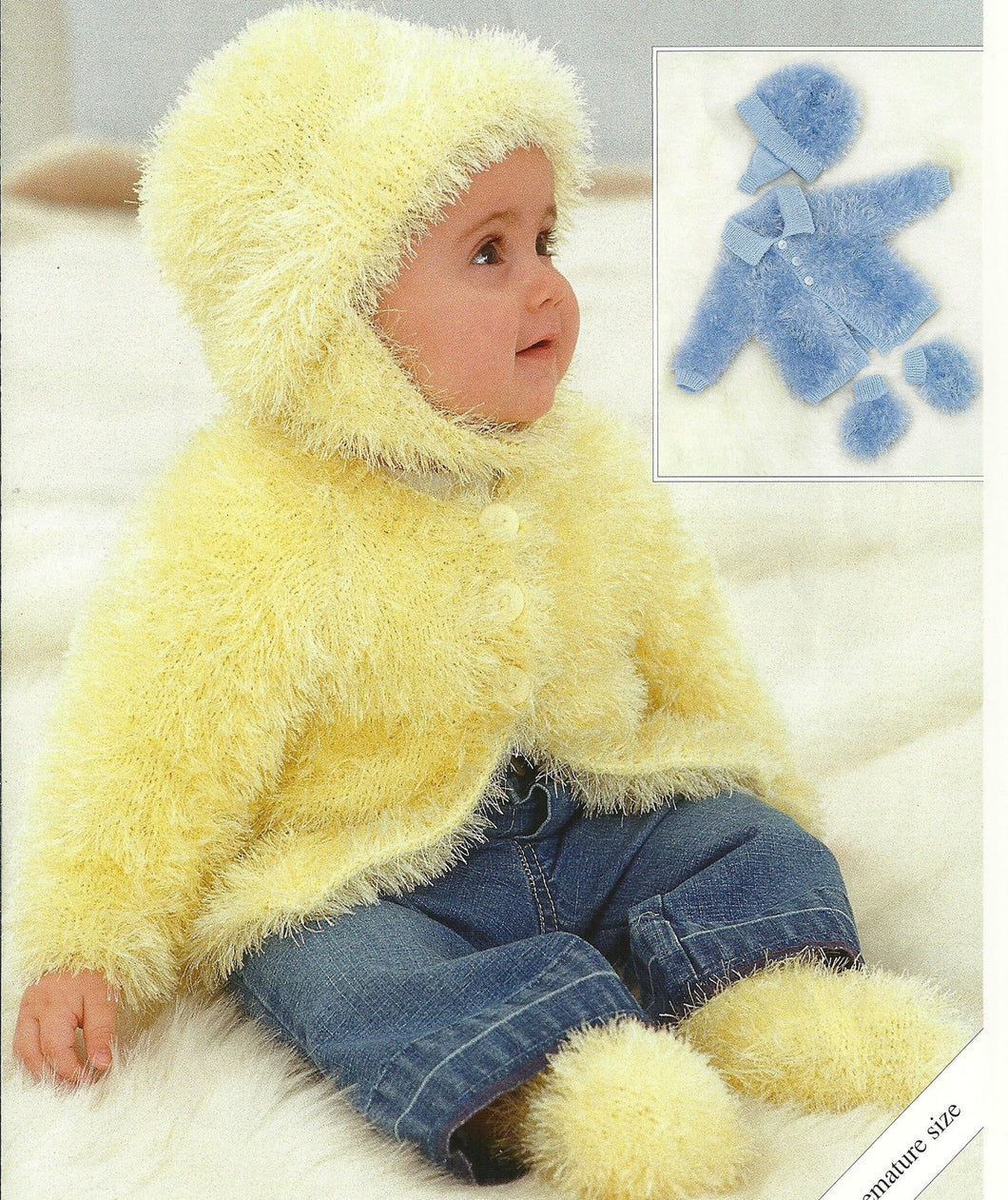 Baby Easy Matinee Jacket~ Bootees & Hat to knit in Eyelash- funky fur DK fits 14