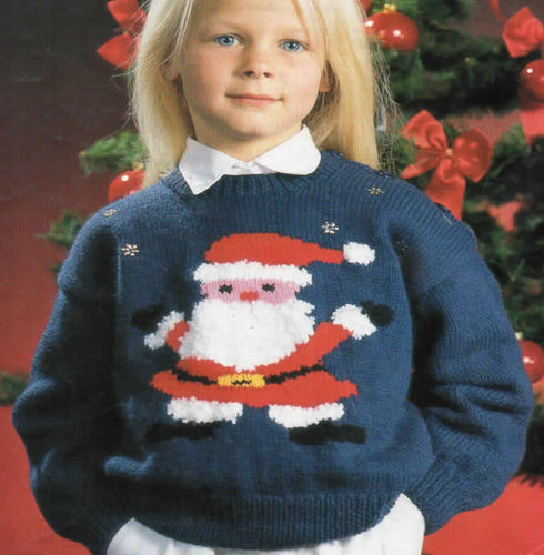 Childs Santa Claus Motif Round Neck Christmas Xmas Sweater Boys Girls 22-30