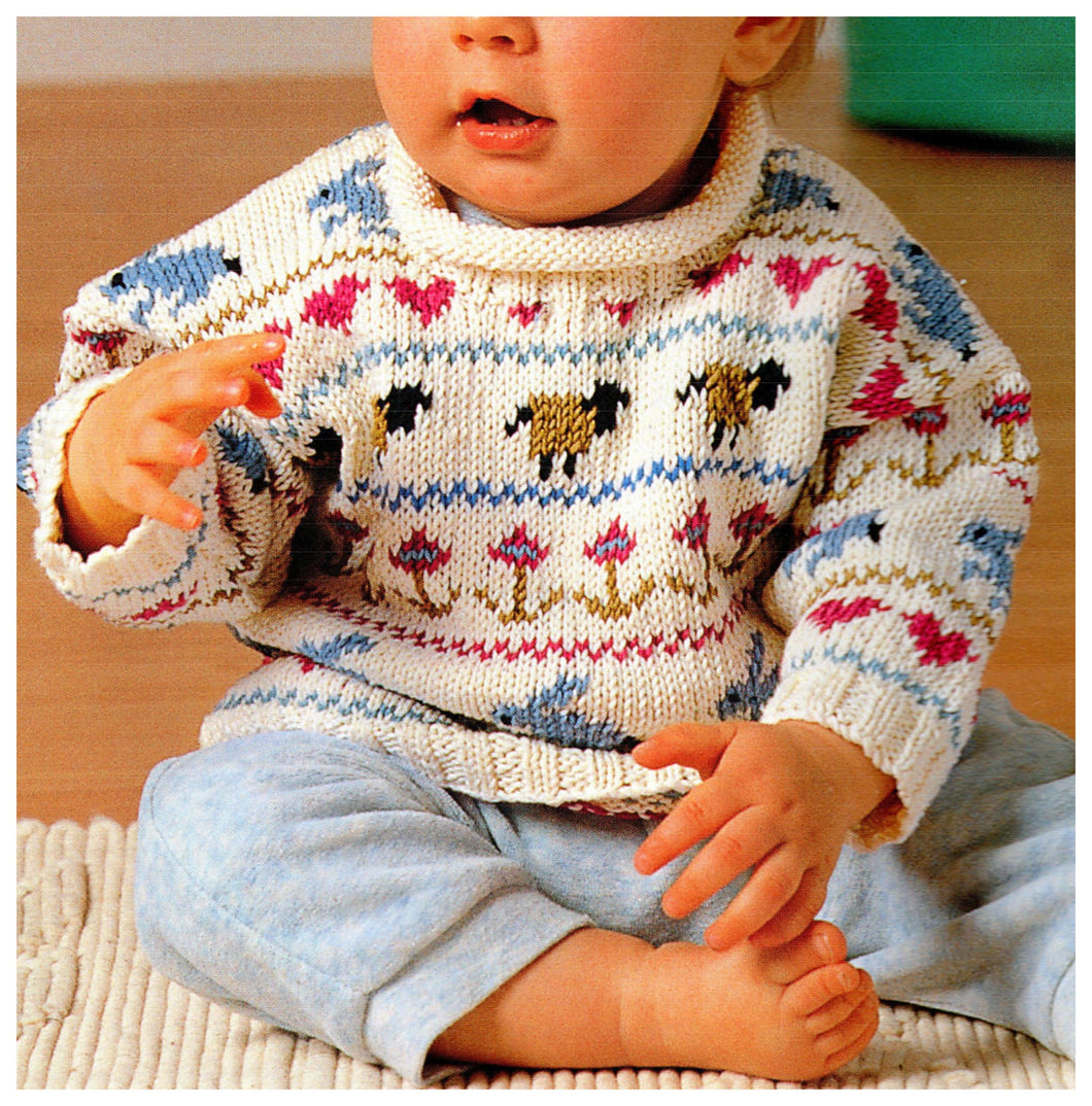 Baby Sampler Sweater Sheep Rabbits Hearts Flowers Roll Neck 18 - 24 months DK Cotton Glace Knitting Pattern PDF Instant download