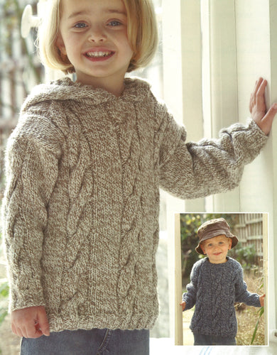 Childs Thick Cable Hooded Sweater & Jumper Aran 10 Ply Worsted wool 22 ~ 32
