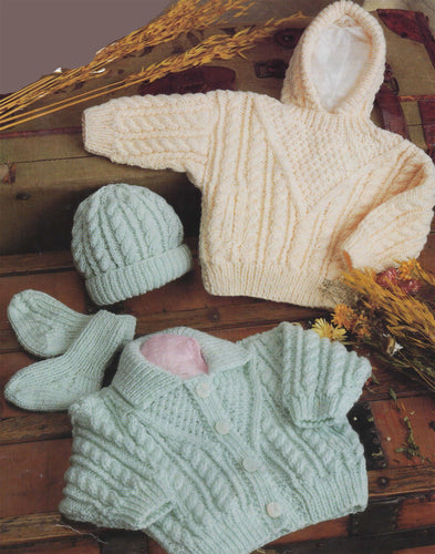 Baby Childs Aran Cardigan Aran  Hooded Sweater Cable hat & socks Fits 16-30