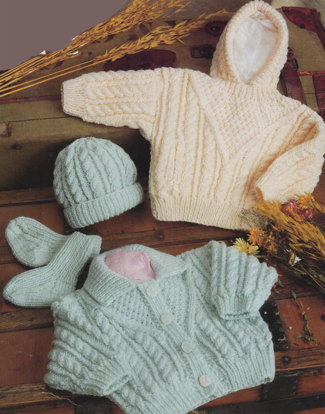Baby Childs Aran Cardigan Aran  Hooded Sweater Cable hat & socks Fits 16-30