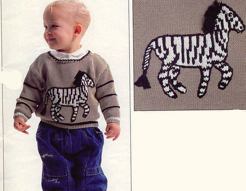 Boy's Zebra Sweater Round Neck 4 ply Knitting Pattern- height 74cm & 86 cm-Knitting pattern Download PDF- with Chart