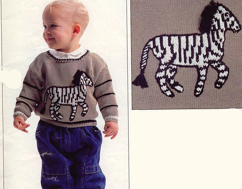 Boy's Zebra Sweater Round Neck 4 ply Knitting Pattern- height 74cm & 86 cm-Knitting pattern Download PDF- with Chart
