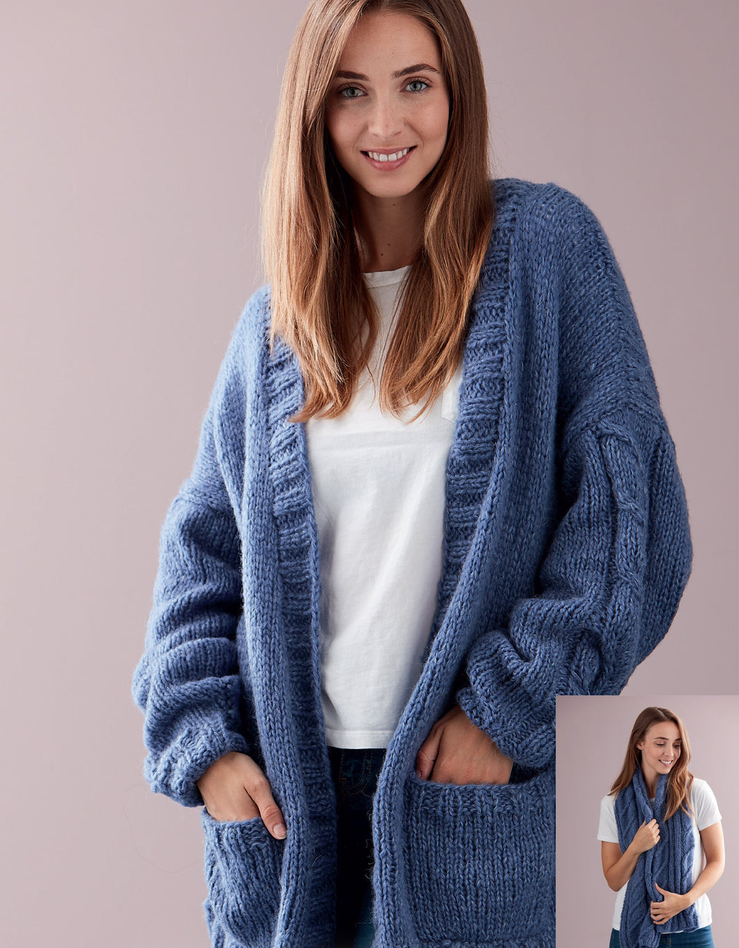 Longline Slouchy Boyfriend Cardigan V Neck Jacket Cable Pockets & Scarf 43 - 53