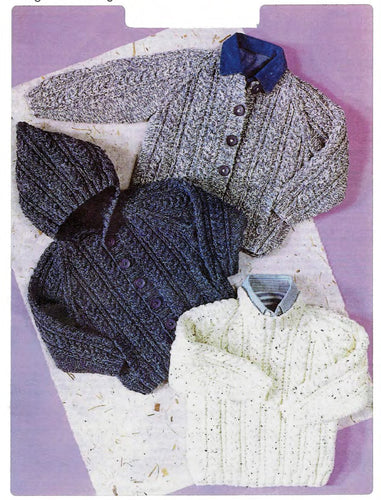 Childs Cable Raglan Sweater Jacket with Hood & Cardigan Knitted in Aran 10 Ply wool- 20