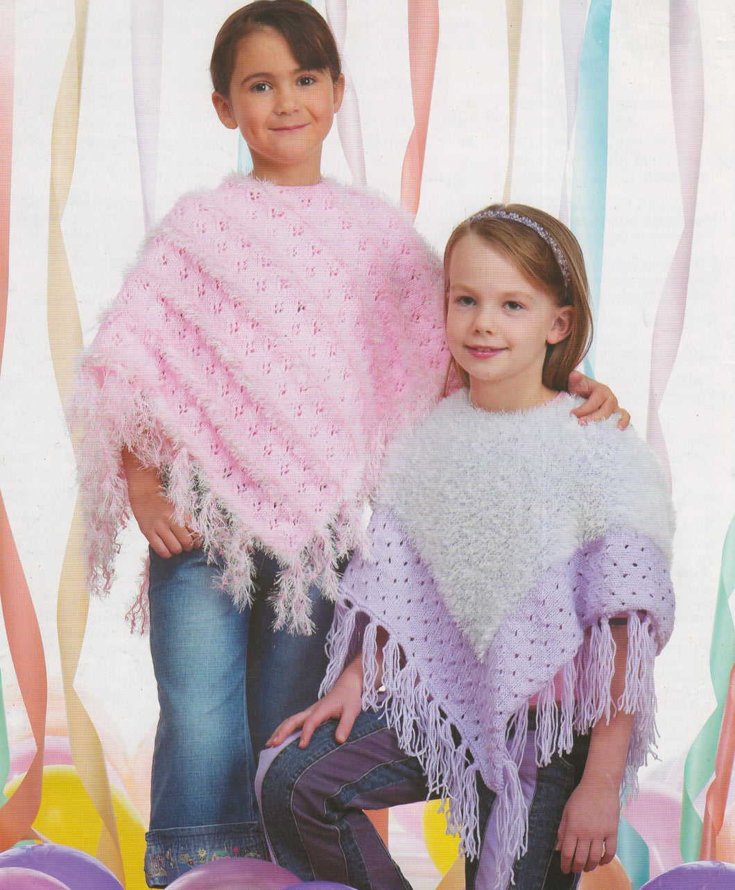 Girls Eyelet Fringed Lace Textured  ponchos  Fit 2 - 12 years  DK - 8 Ply Light Worsted wool-  knitting pattern  PDF Download