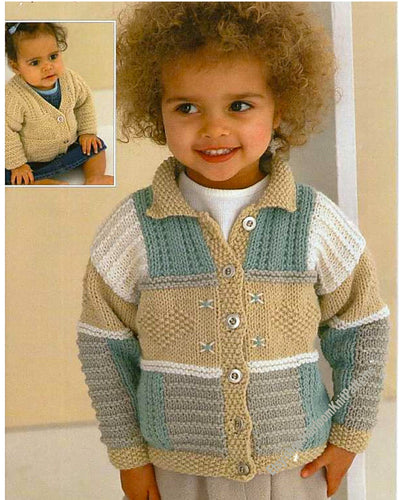 Child's Easy Knit V Neck or collared  Patchwork Cardigan Knitting pattern- Aran (10 ply) 18-28