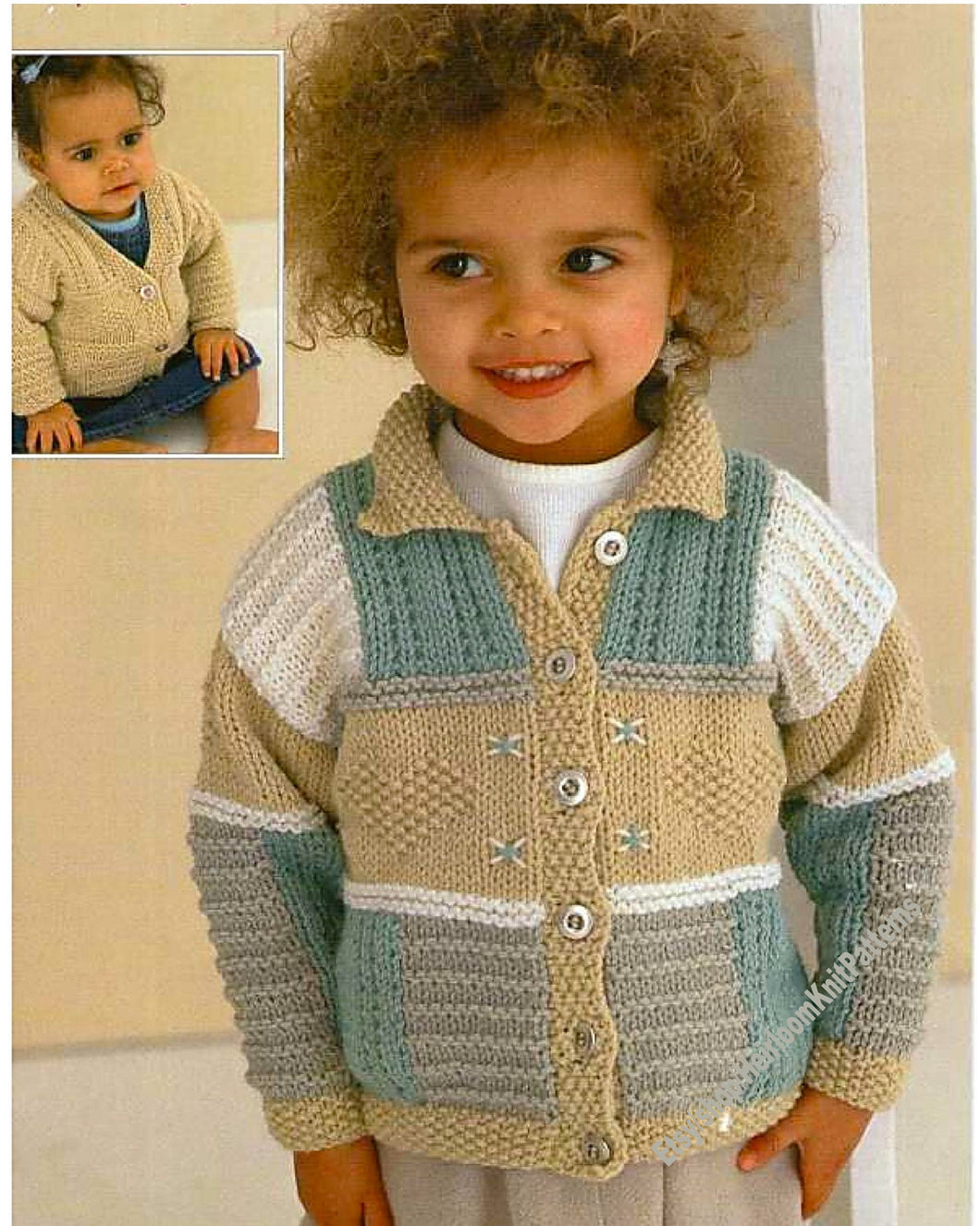 Child's Easy Knit V Neck or collared  Patchwork Cardigan Knitting pattern- Aran (10 ply) 18-28