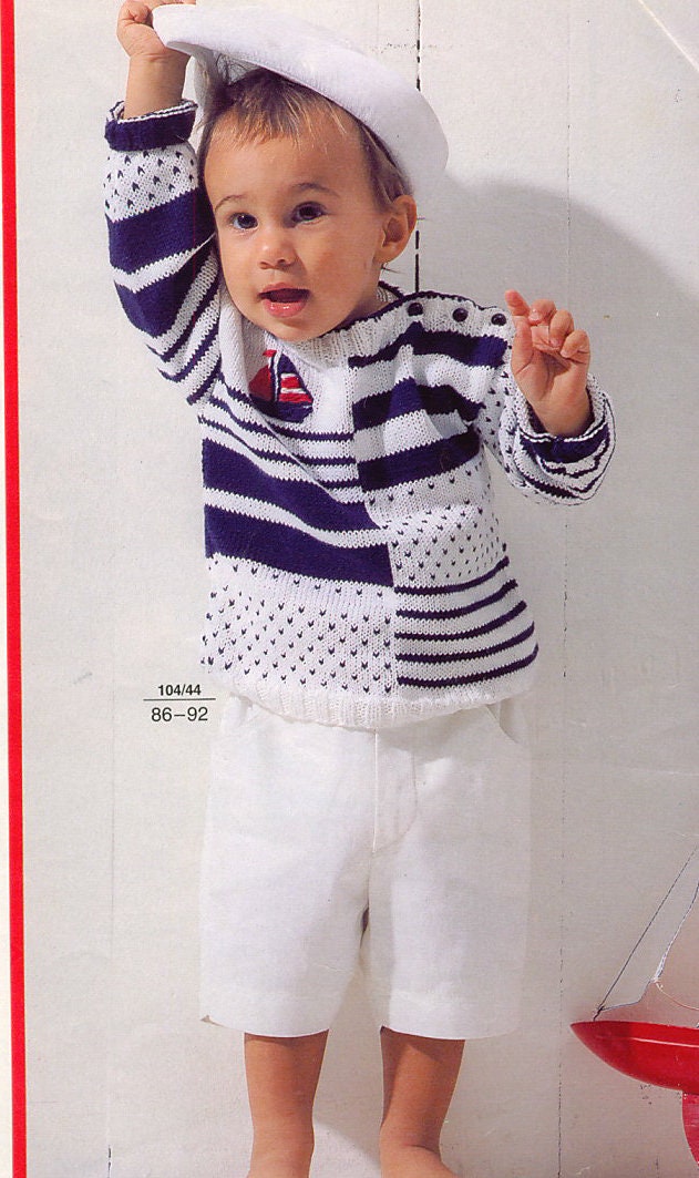 Child's Easy Sailor style sweater- embroidered boat- shoulder fastening- Sport weight wool- Knitting pattern Download 86-92 cm