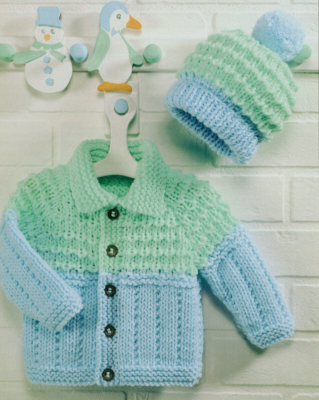 Baby Boys Girls Easy Chunky Jacket with Collar & Bobble Hat 18