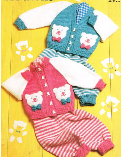Baby-Child's Teddy Bear Motif Cardigan & Leggings Set in DK Double Knit 8 Ply Knitting Pattern. Size: 0-3 years download PDF