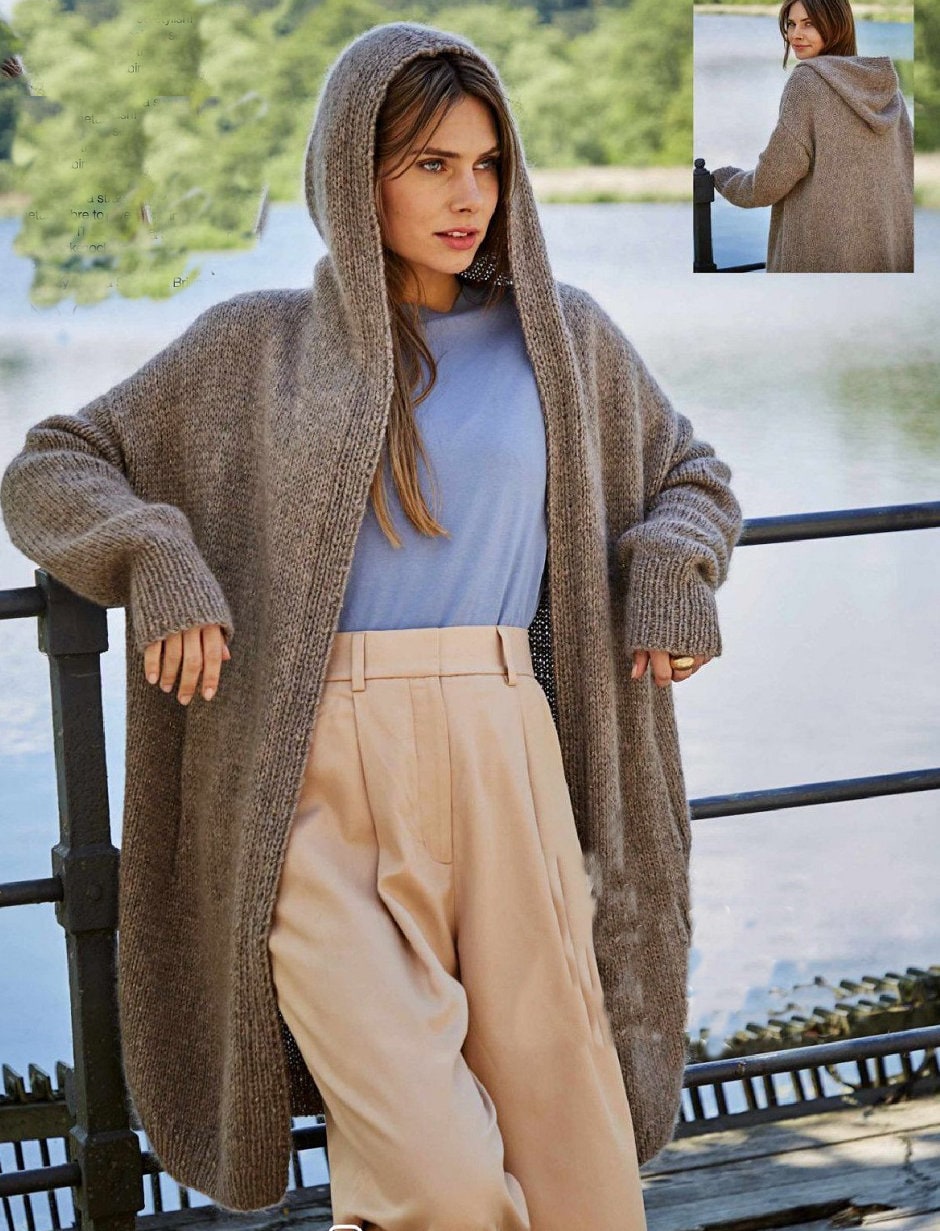 Womens Easy Long Knitted Coat Hooded Hood Stocking Stitch Inset Pockets - 36 - 46