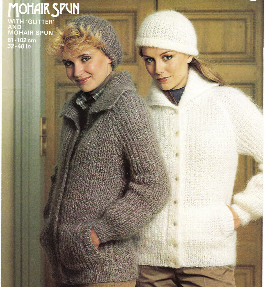 Womans Easy Ribbed Mohair Jacket with pockets collar & Hat Mohair wool fits chest 32