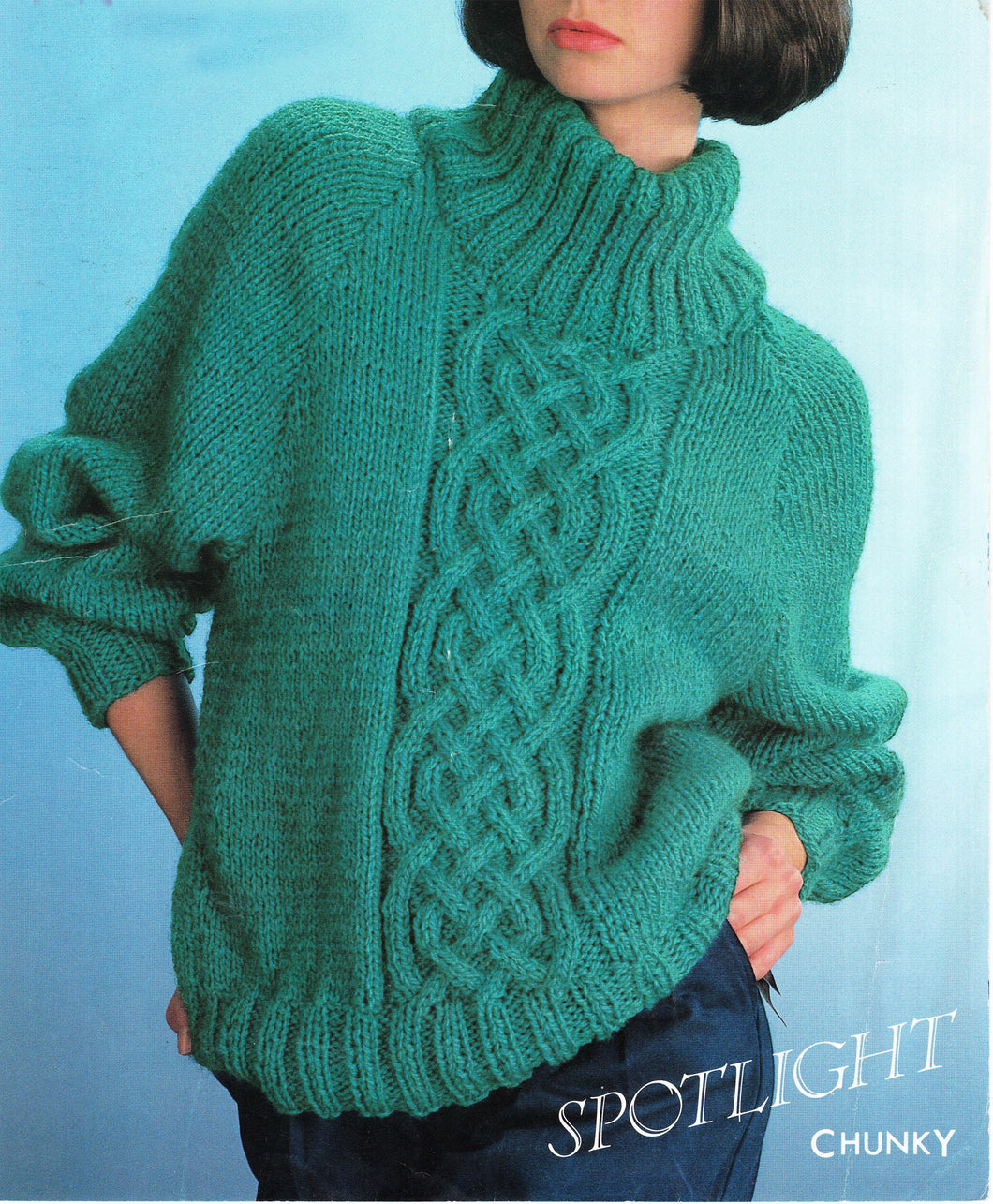 Woman's Big Chunky Celtic Cable Jumper- High neck, Raglan sleeved 28 - 40
