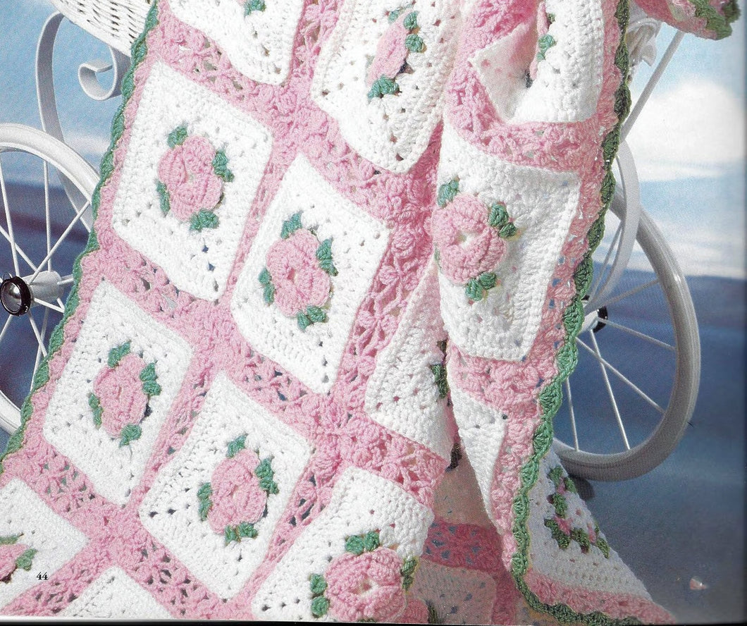 Vintage Crochet Pattern Pretty Rosebud Granny Square Baby Afghan Blanket PDF Instant Digital Download DK 8 Ply
