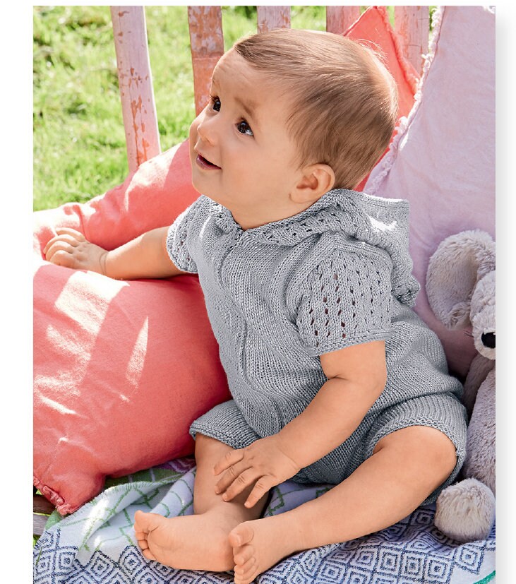 Lace Baby Romper- Onesie- Bodysuit with hood- Knitting Pattern Download- Fits 1-12 months 4 ply Light fingering wool PDF