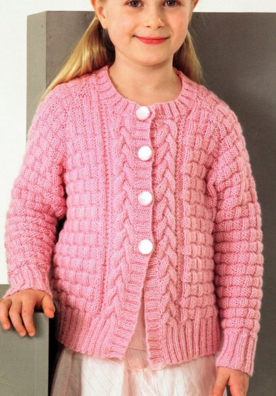 Girls Round Neck Cardigan Jacket Long or Short Sleeve Basket weave Cable 22 - 32