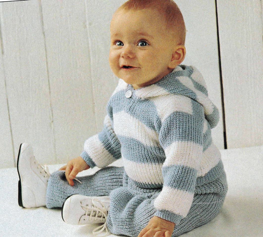 Baby easy Ribbed Sweater with Hood & Ribbed pants- age 6- 24 months- knitting in 4 ply Fingering Knitting Pattern PDF Instant Download