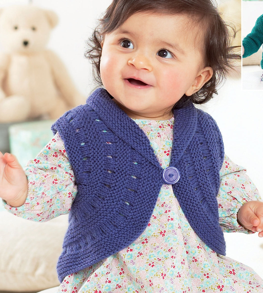 Easy Knit Girls Waistcoat Cardigan Shawl Neck Textured Baby Childs 16-26