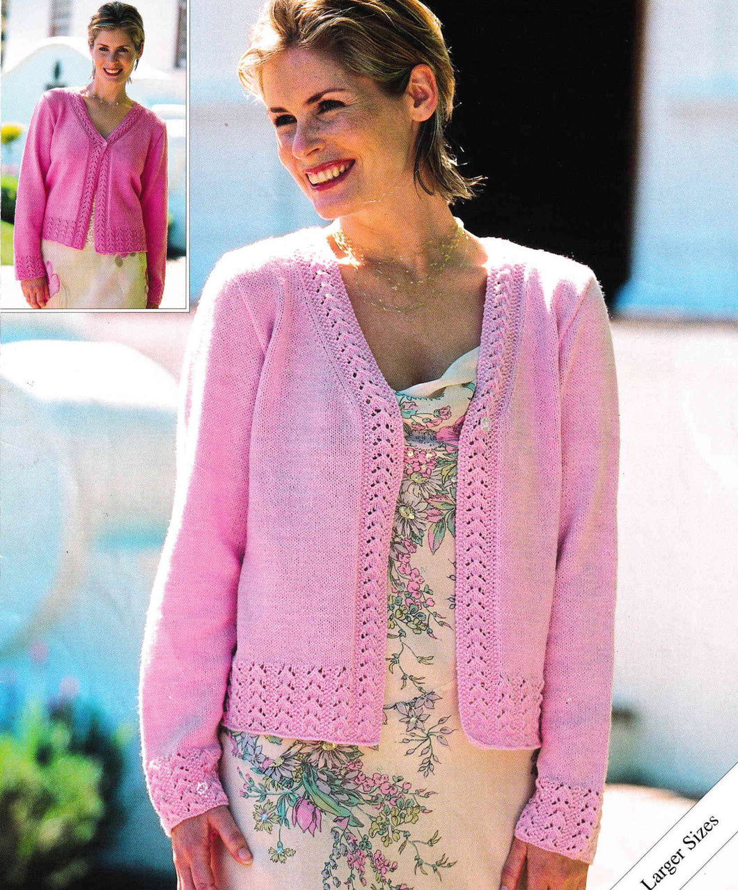 Womens V neck long sleeve cardigan with Lacy borders & Cuffs in 4 ply Light Fingering wool- Fits chest 32-54