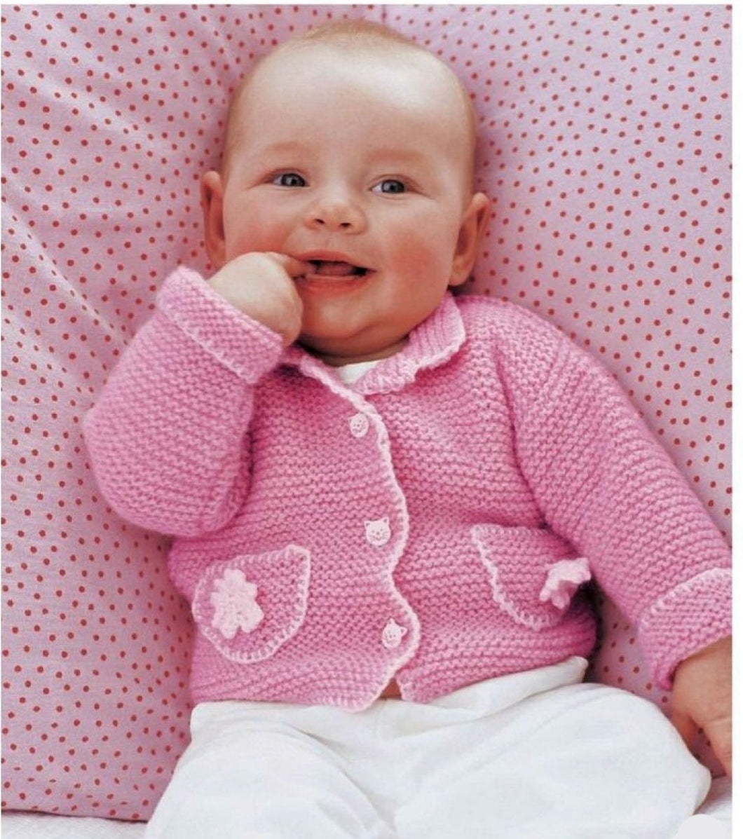 Easy Beginner Baby Garter Stitch Cardigan with flower pockets Fits 3- 12 months