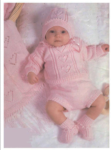 Baby Girl's Heart Sweater -Heart-Bobble Hat & Bootees- Pants Knitting pattern in 4 ply Fingering wool Fits 6 - 18 Months  Download PDF