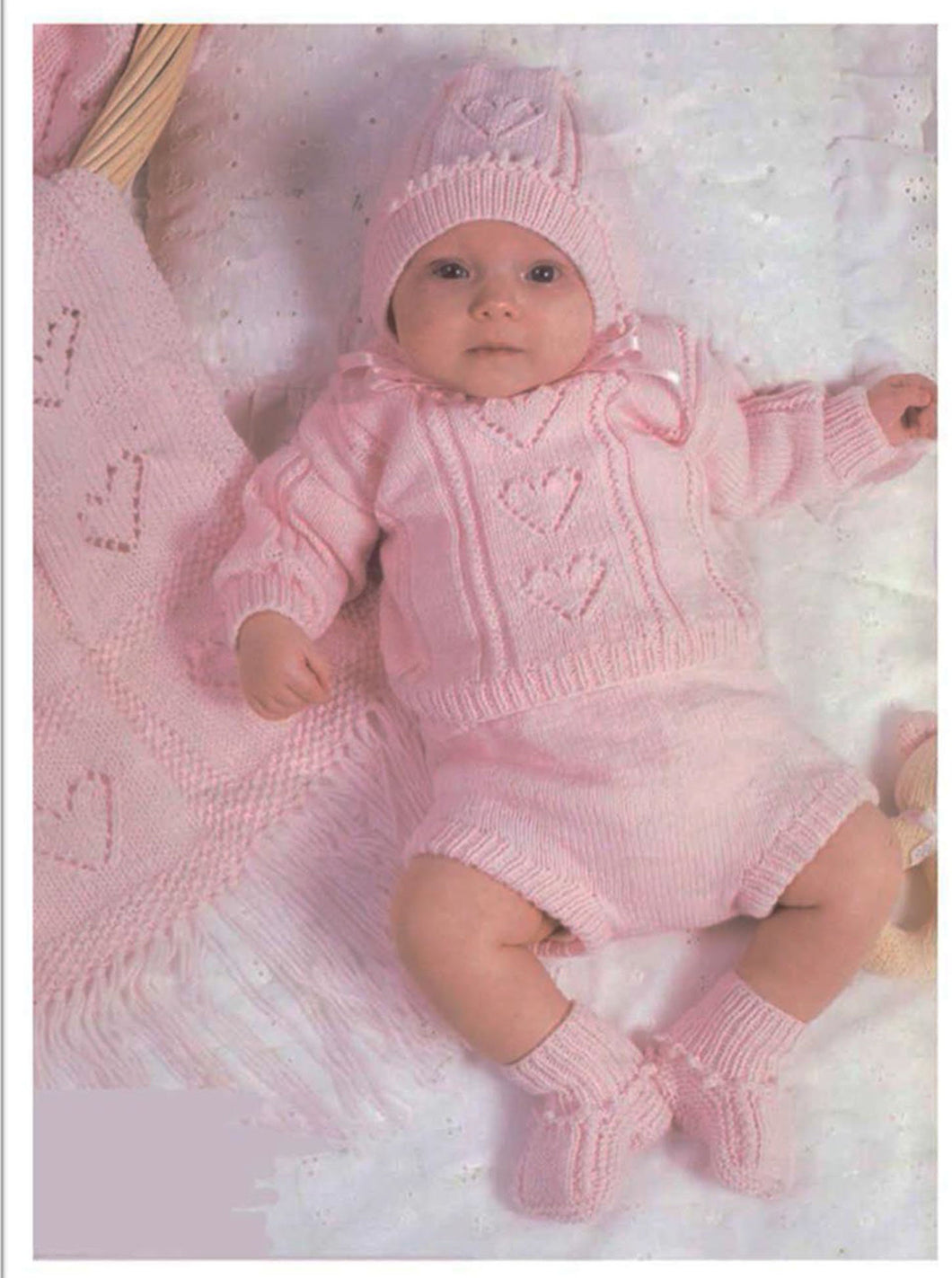 Baby Girl's Heart Sweater -Heart-Bobble Hat & Bootees- Pants Knitting pattern in 4 ply Fingering wool Fits 6 - 18 Months  Download PDF