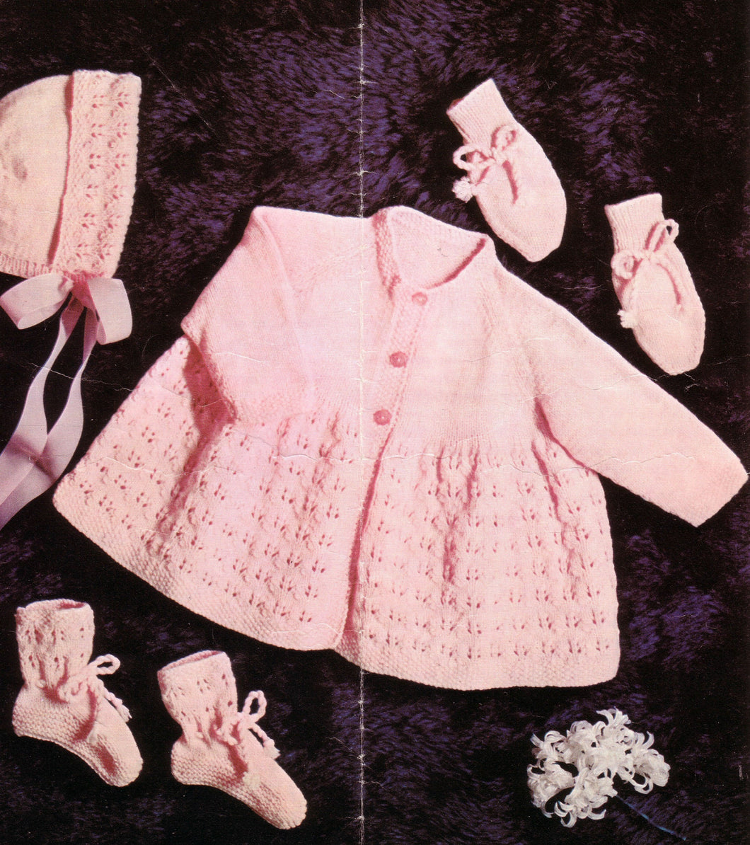 Vintage 1940s baby Girl Lace  Cardigan-Coat- Bonnet- Mitts- Bootees Knitted in 4 ply Fingering yarn-Knitting Pattern Download PDF 18-21 ins.