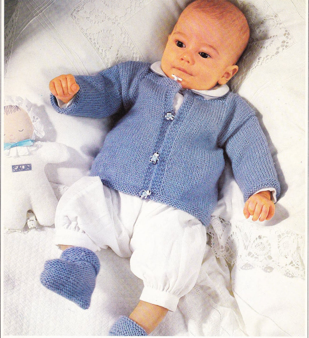 Easy Knit Baby Cardigan Sweater & Bootees Newborn Boys Girls Motif 17