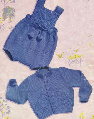 Baby Knit Rompers & Round neck cardigan - Vintage Knitting Pattern - DK 8Ply Light Worsted wool fits 22