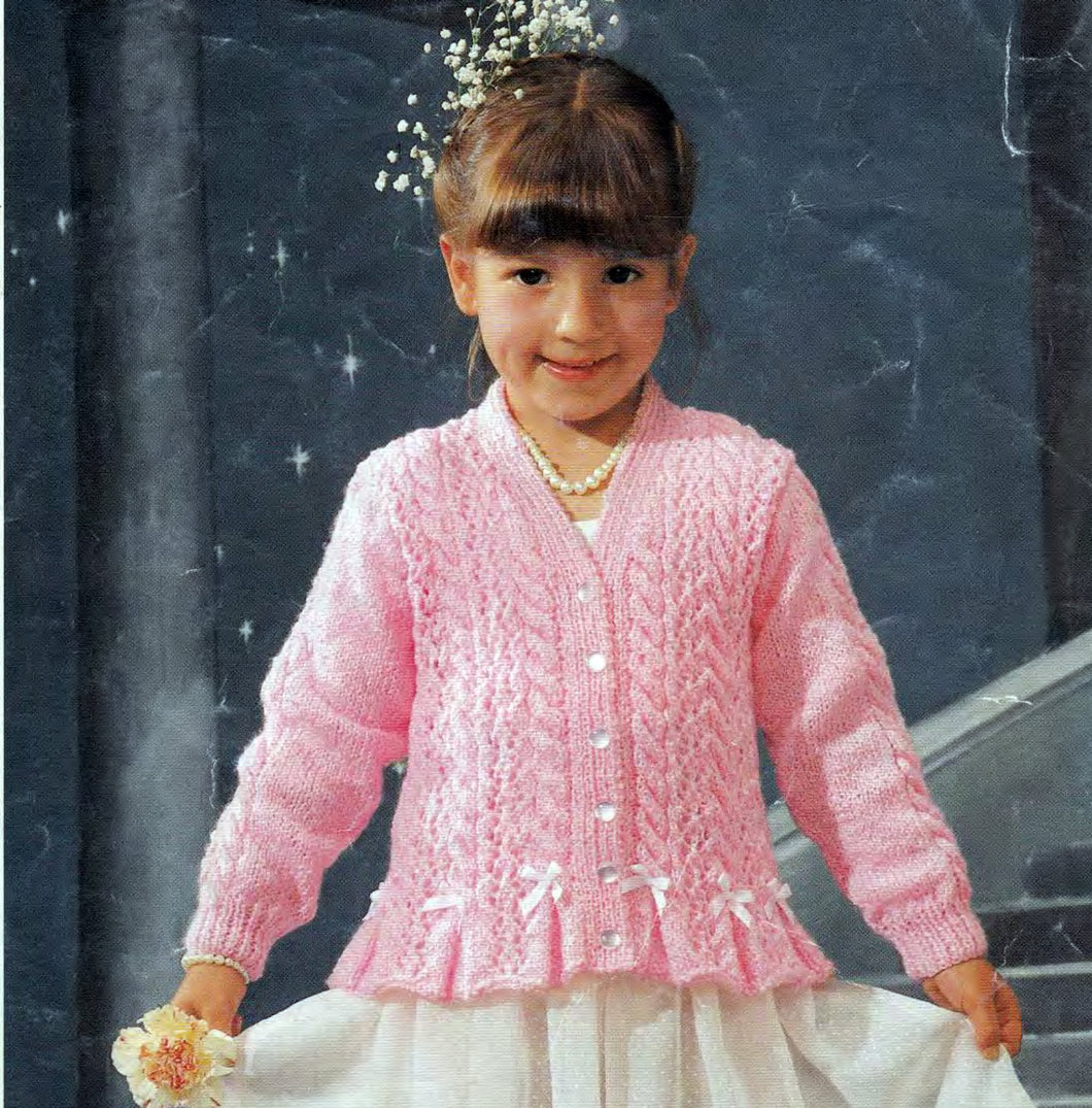 Girl's Lacy Peplum Cardigan Knitting Pattern - DK 8 ply Light worsted yarn- Fits 20