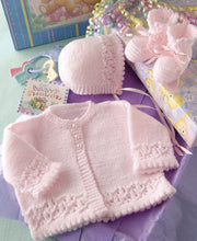 Girl's Lace Border picot hem Cardigan- Bonnet & Bootees in DK- (8PLY) light worsted yarn- Fits Newborn 18" Knitting pattern Download PDF