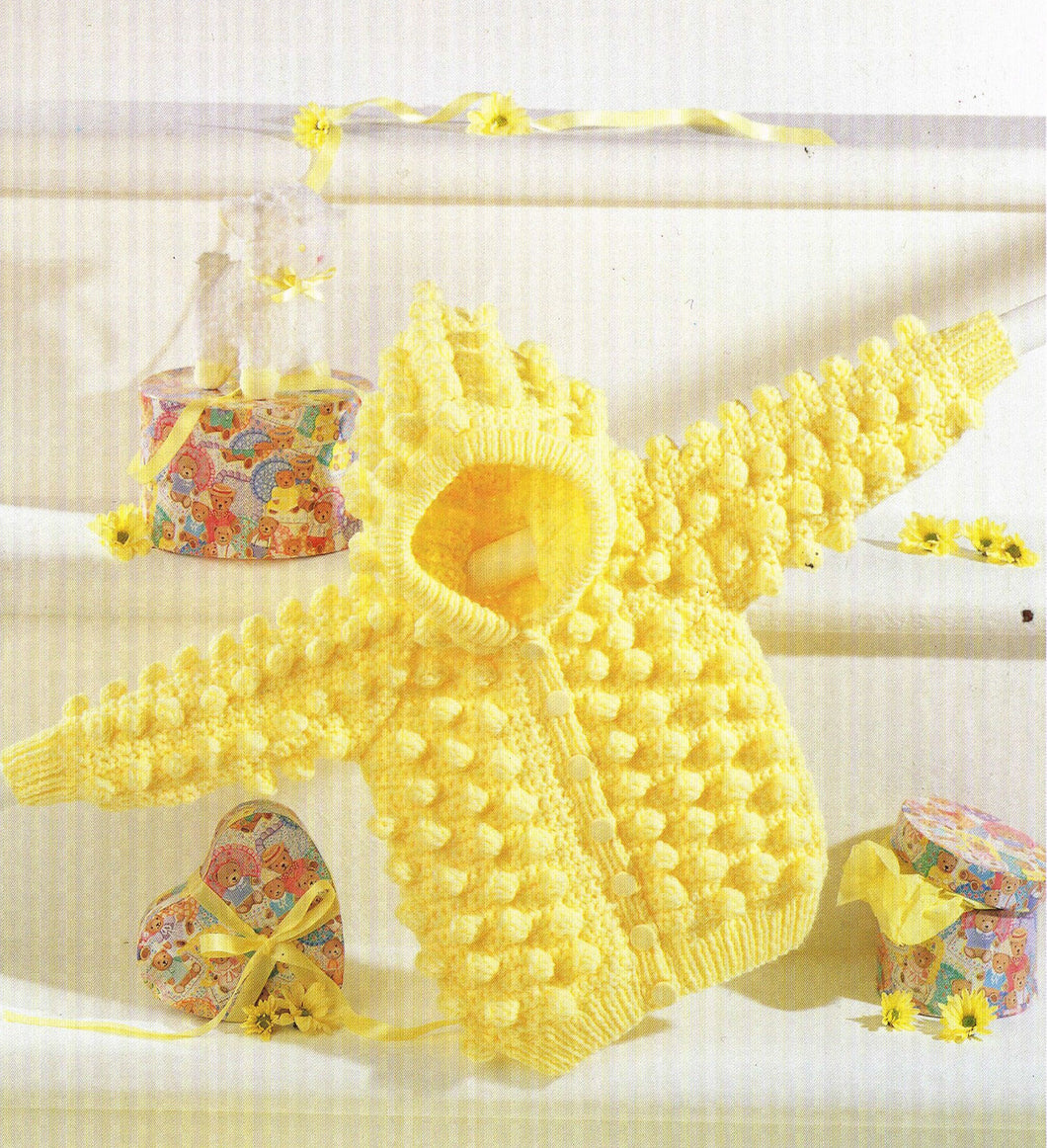 Baby Hooded Popcorn Stitch  (Bobbly) jacket - Button front- boy girl- Aran 10 ply yarn- fits 14