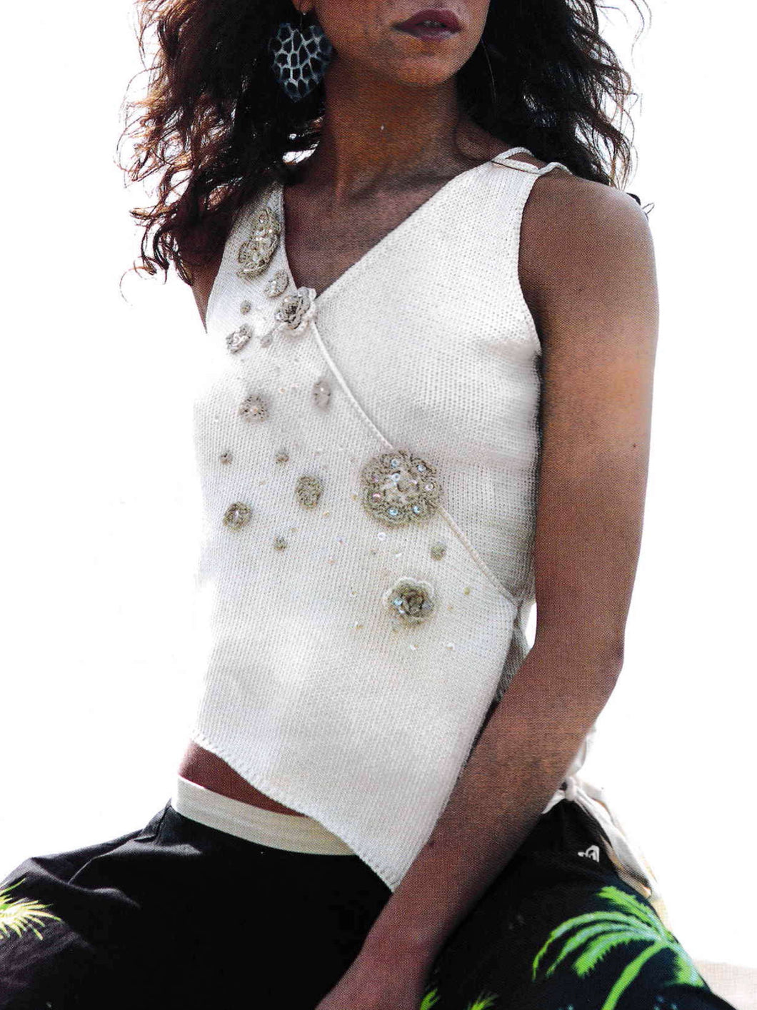 Womens Asymmetrical V Neck Summer sleeveless Top - Vest with Crochet Flowers-  34