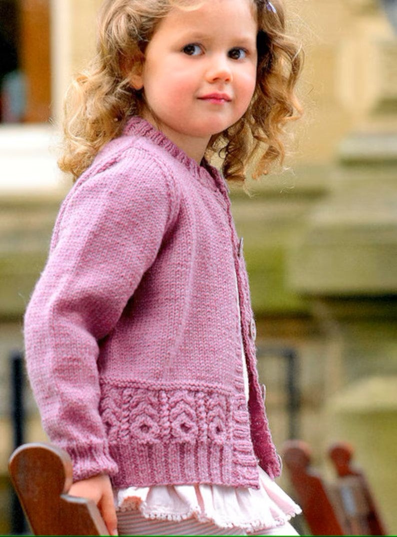 Girls Cardigan with Cable Border ~ 20 - 30'' (3 - 12 yrs) DK Wool 8ply Light Worsted Knitting Pattern pdf Download