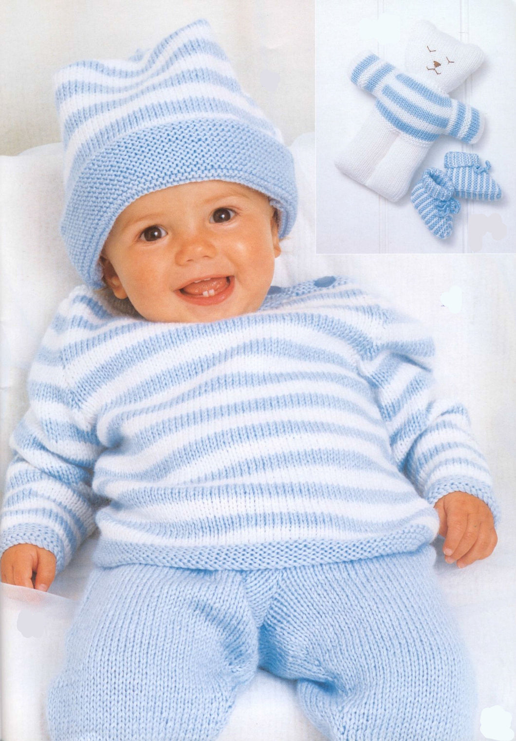 Easy Baby Stripe sweater- Pants- Matching hat  Slippers & Teddy - 4ply yarn- Fits Premature 12