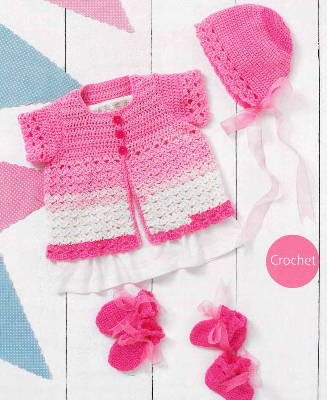 Baby Crochet Sleeveless Cardigan- Bonnet-Slippers Mitts - DK 8 Ply Light Worsted yarn  16 - 20