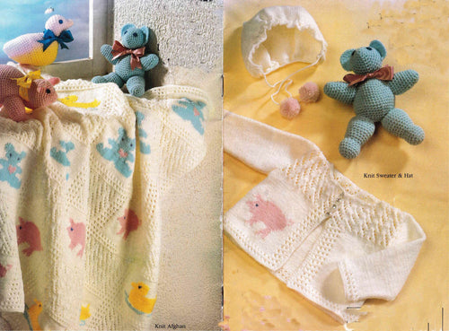 Baby Animal Afghan with Cardigan & Hat in Sport weight Yarn- Fits newborn - 6 months- Vintage knitting pattern Download PDF
