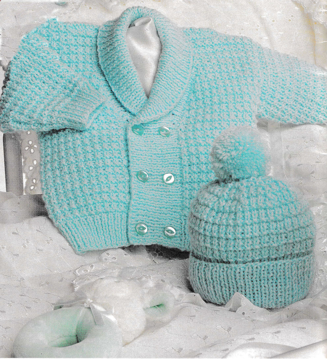 Baby Boy or Girl, double breast Jacket- shawl collar & Bobble hat, 16 - 22 inch chest- DK -8 ply wool- Knitting pattern download PDF