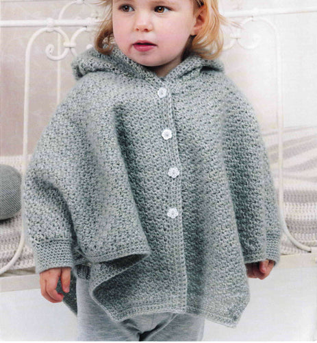 Baby Crochet Hooded Cape-Jacket with sleeves -  Button Front - DK 8 Ply Light Worsted yarn  14 - 24