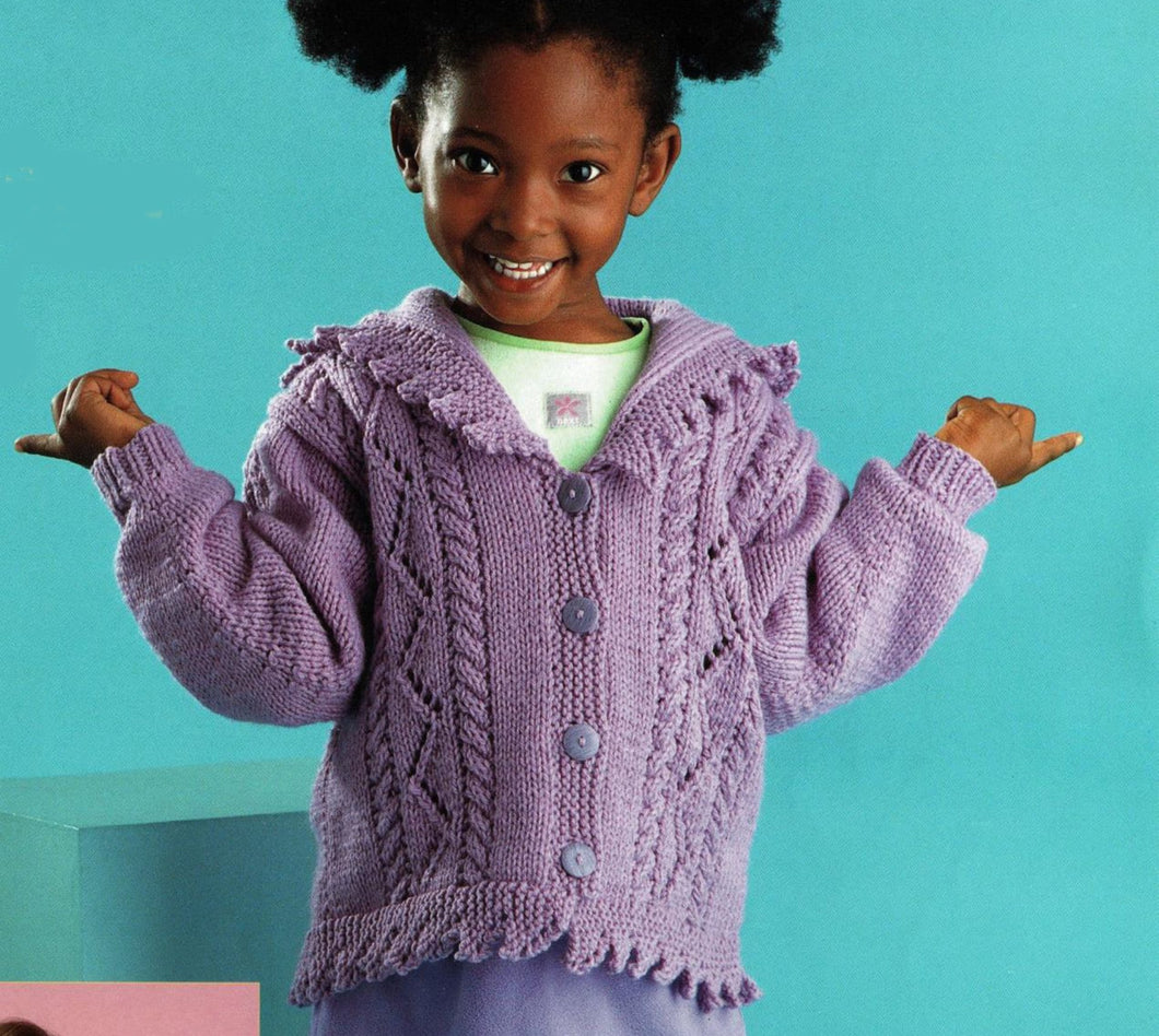 Girl's Cable Sailor Collar & V neck Cardigans - Peplum Border -Aran 10 Ply wool size 6 Months- 10 years Knitting Pattern Download PDF