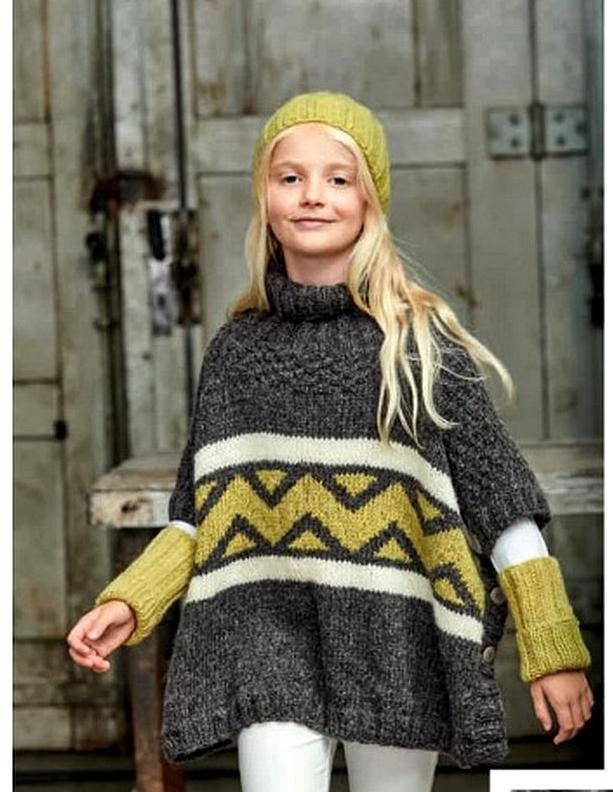 One Piece Girls Poncho - Heavy Worsted Alpaca Mix Yarn- 128cm -146 cm Knitting Pattern PDF Instant download- See NOTES for more information