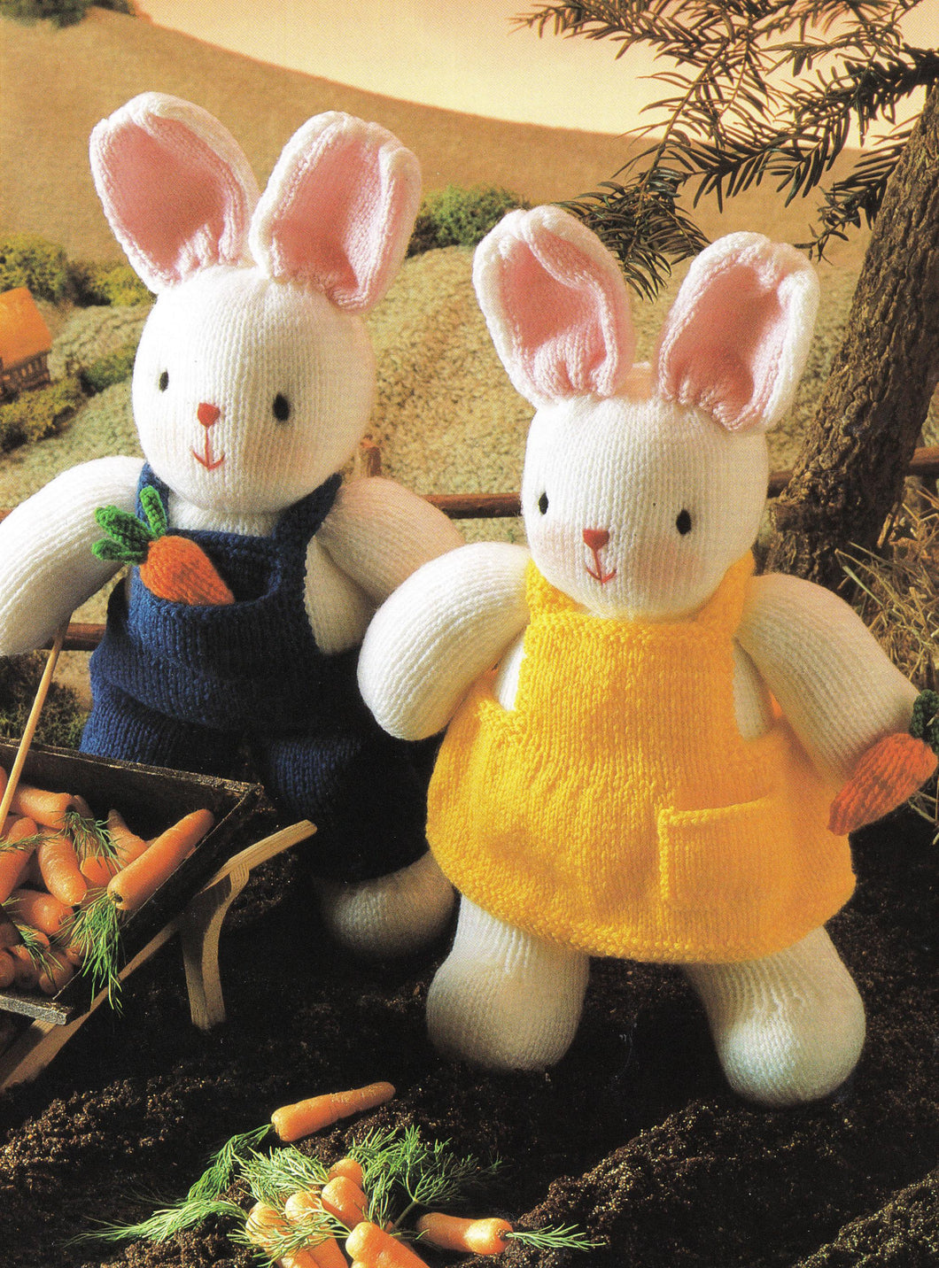 Boy and girl Bunny soft toy knitting pattern. Roughly 14.5