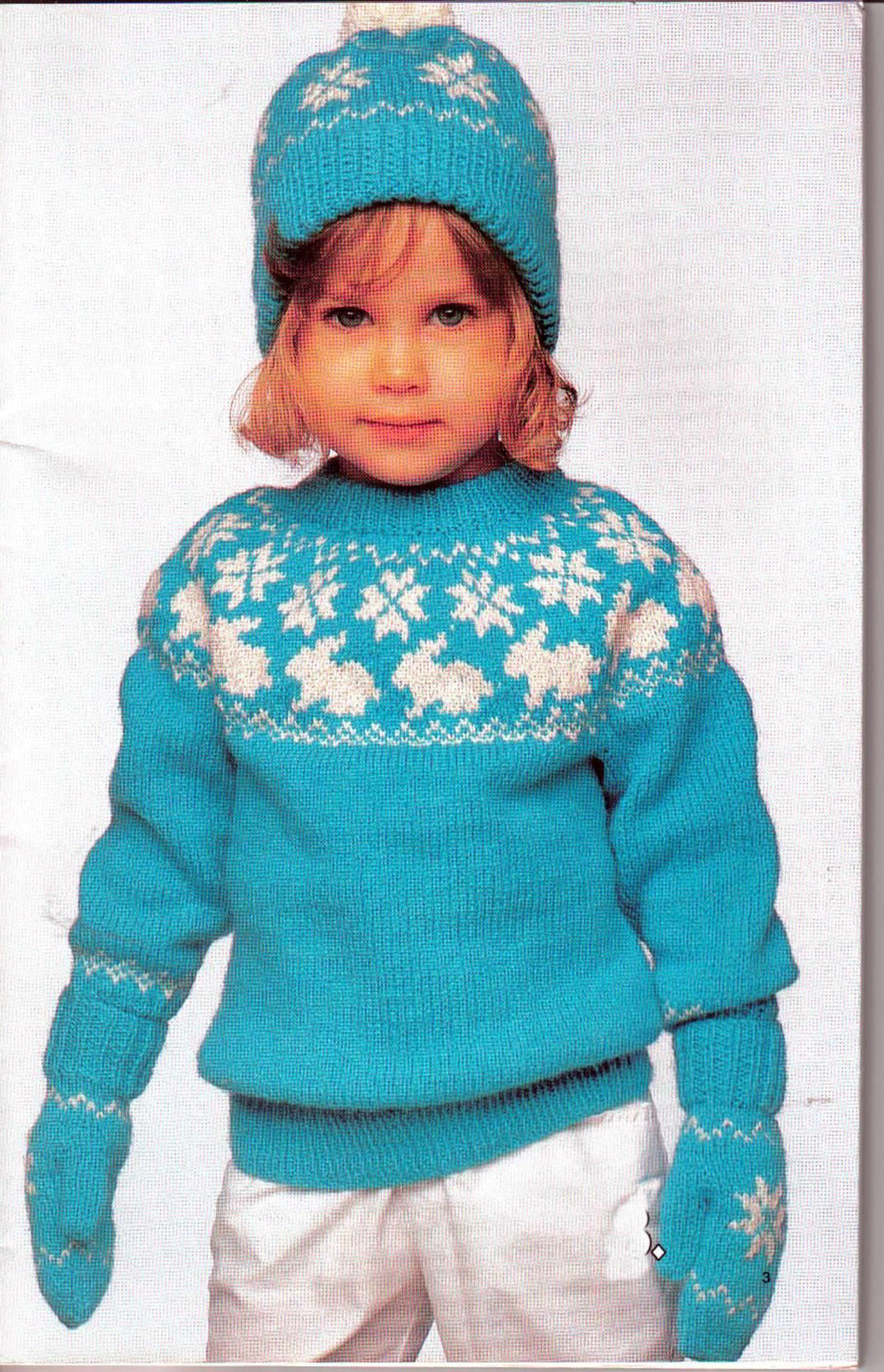 Girl's Fair Isle Yoked Sweater Jumper Rabbits & Snowflakes in  DK 8Ply Light worsted wool Fits chest 22